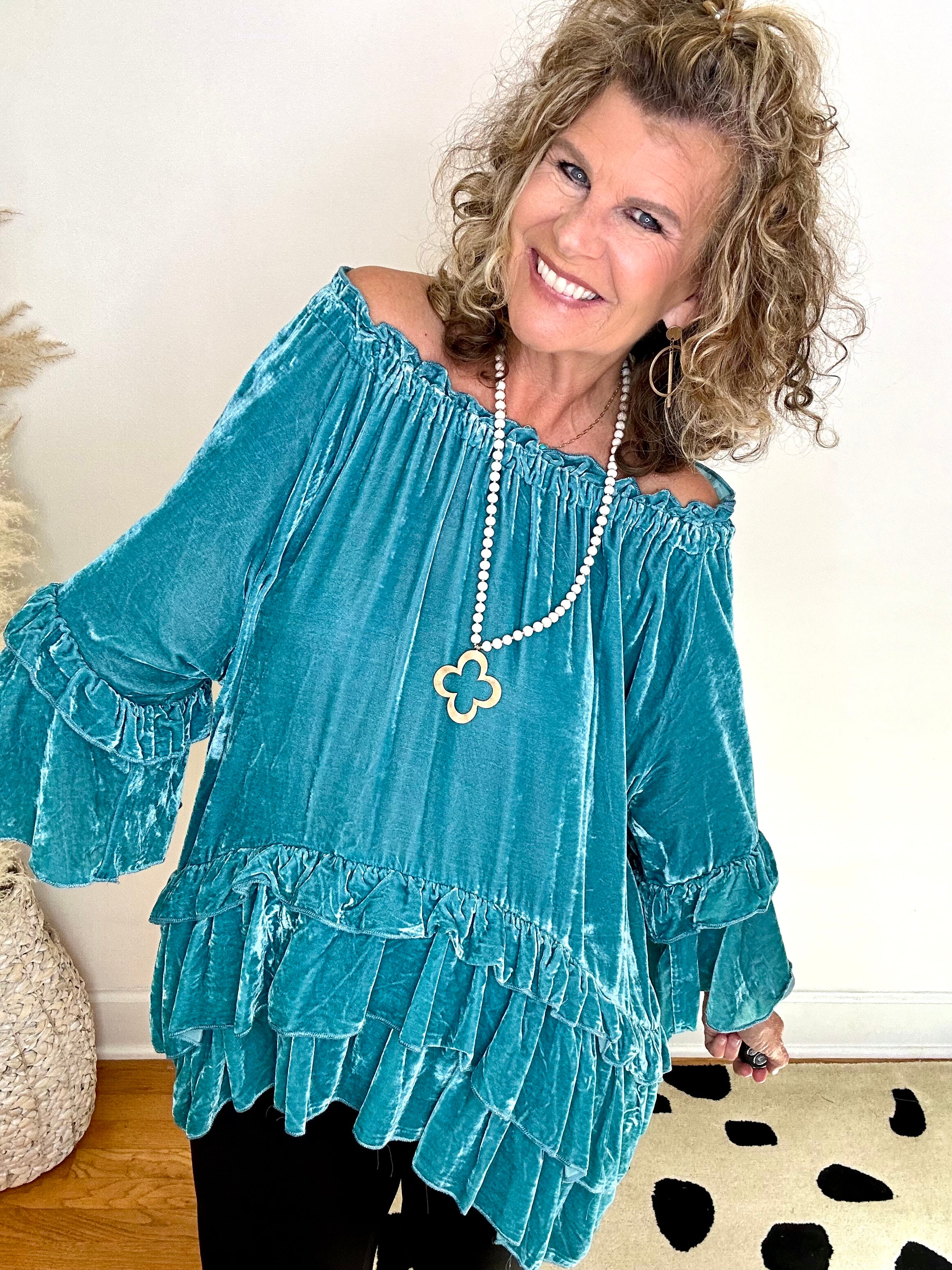 TURQUOISE VELVET RUFFLE TOP