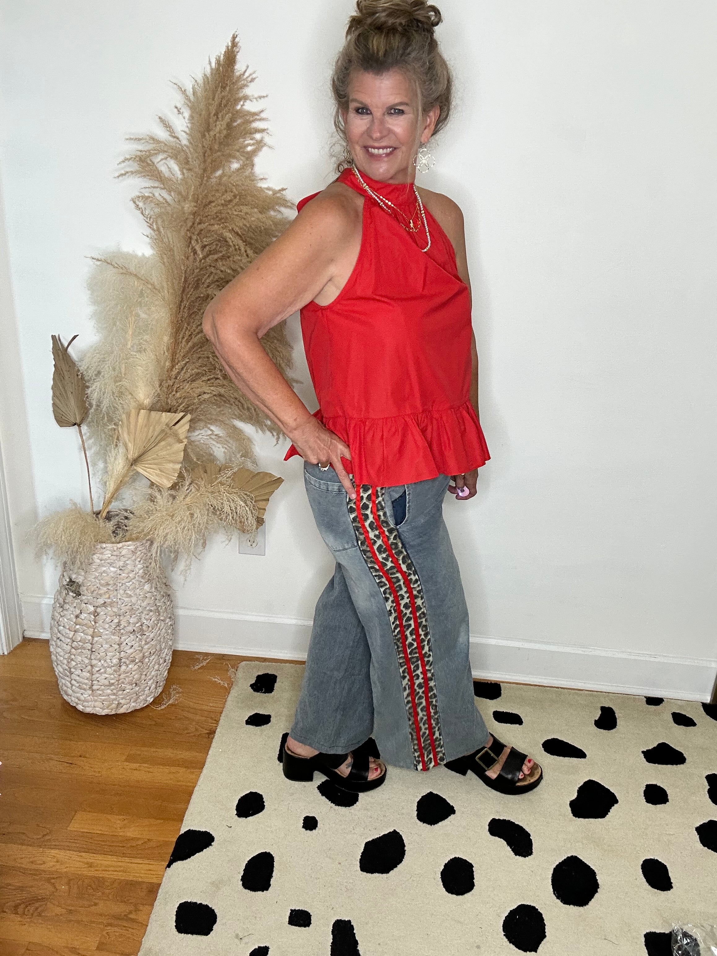 SIDE LEOPARD ACCENT DENIM PANTS