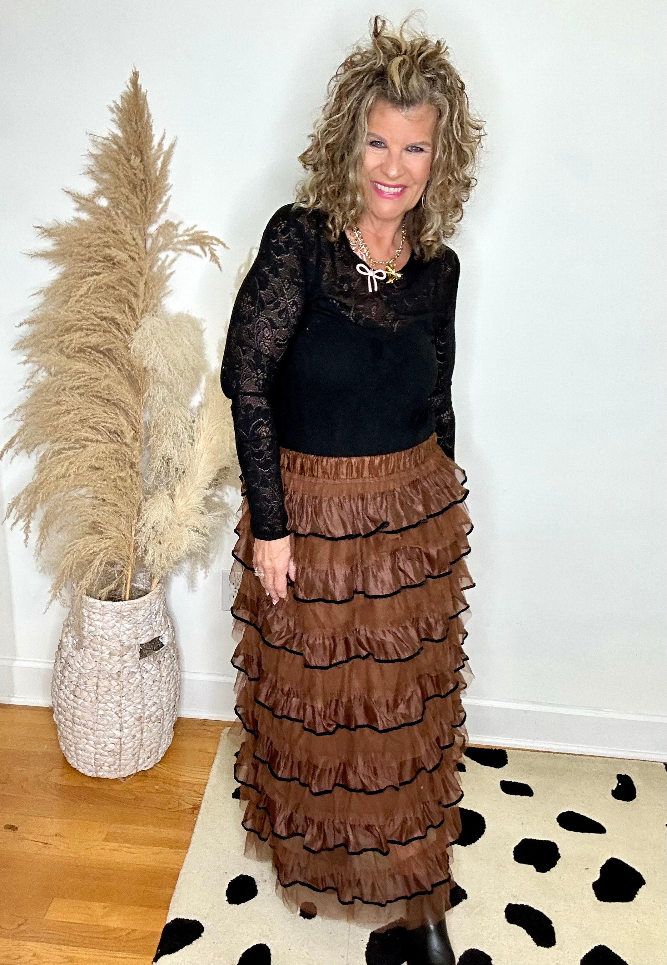 MOCHA LAYERED RUFFLED TULLE MAXI SKIRT