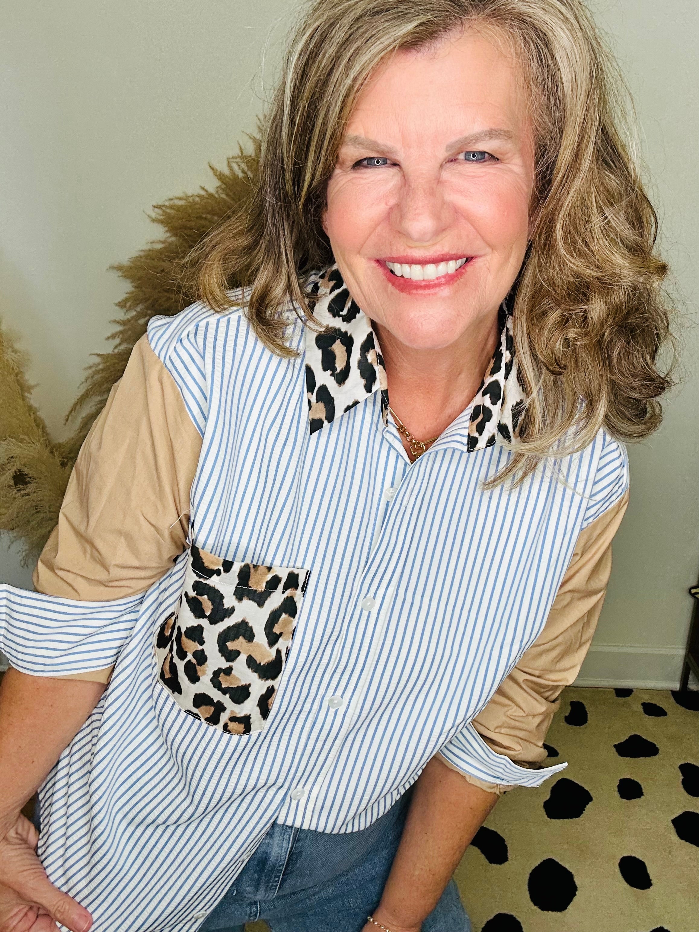 LIGHT BLUE AND LEOPARD PRINT BUTTON UP TOP