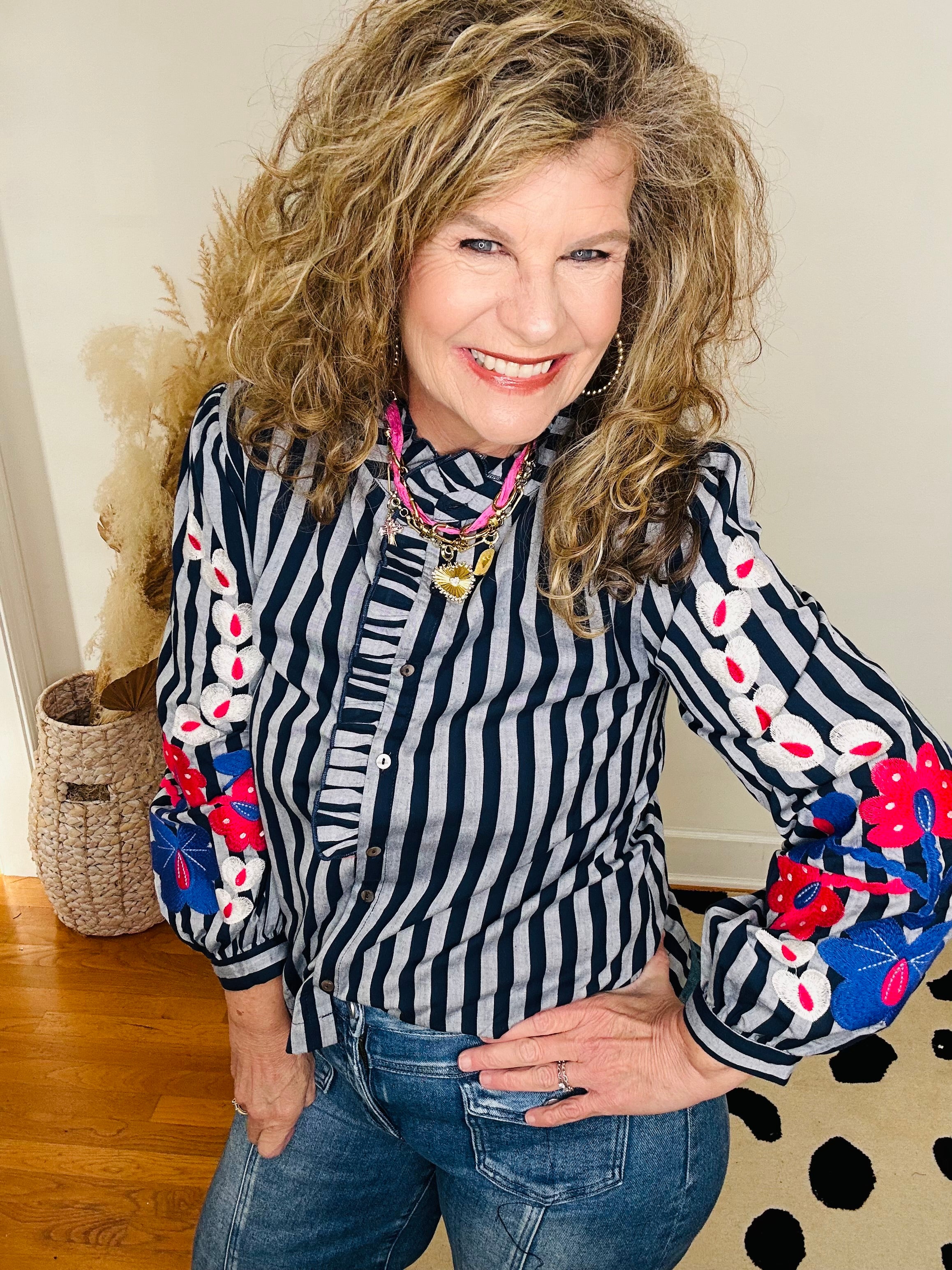 FLORAL EMBROIDERED STRIPE BLOUSE