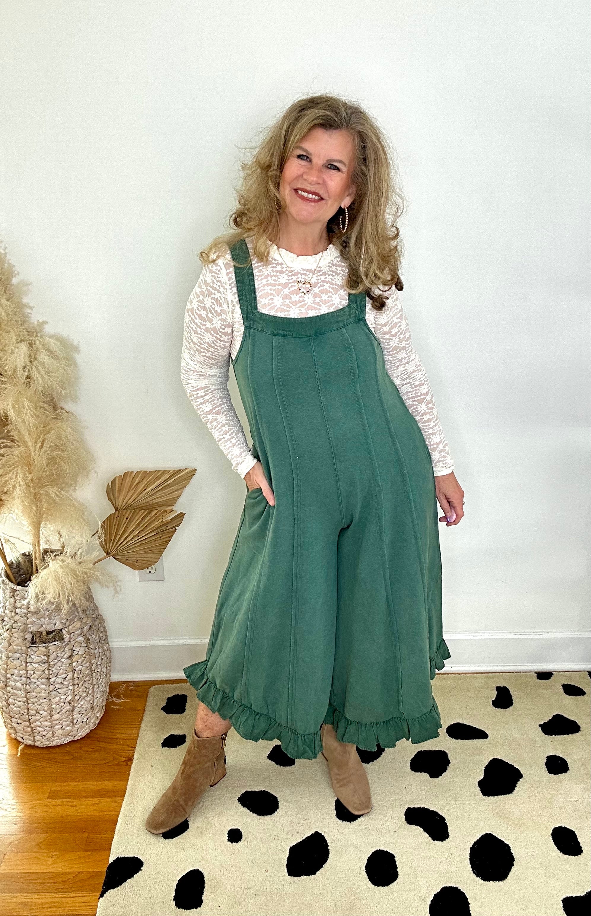 FOREST GREEN RUFFLE LEG JUMPSUIT