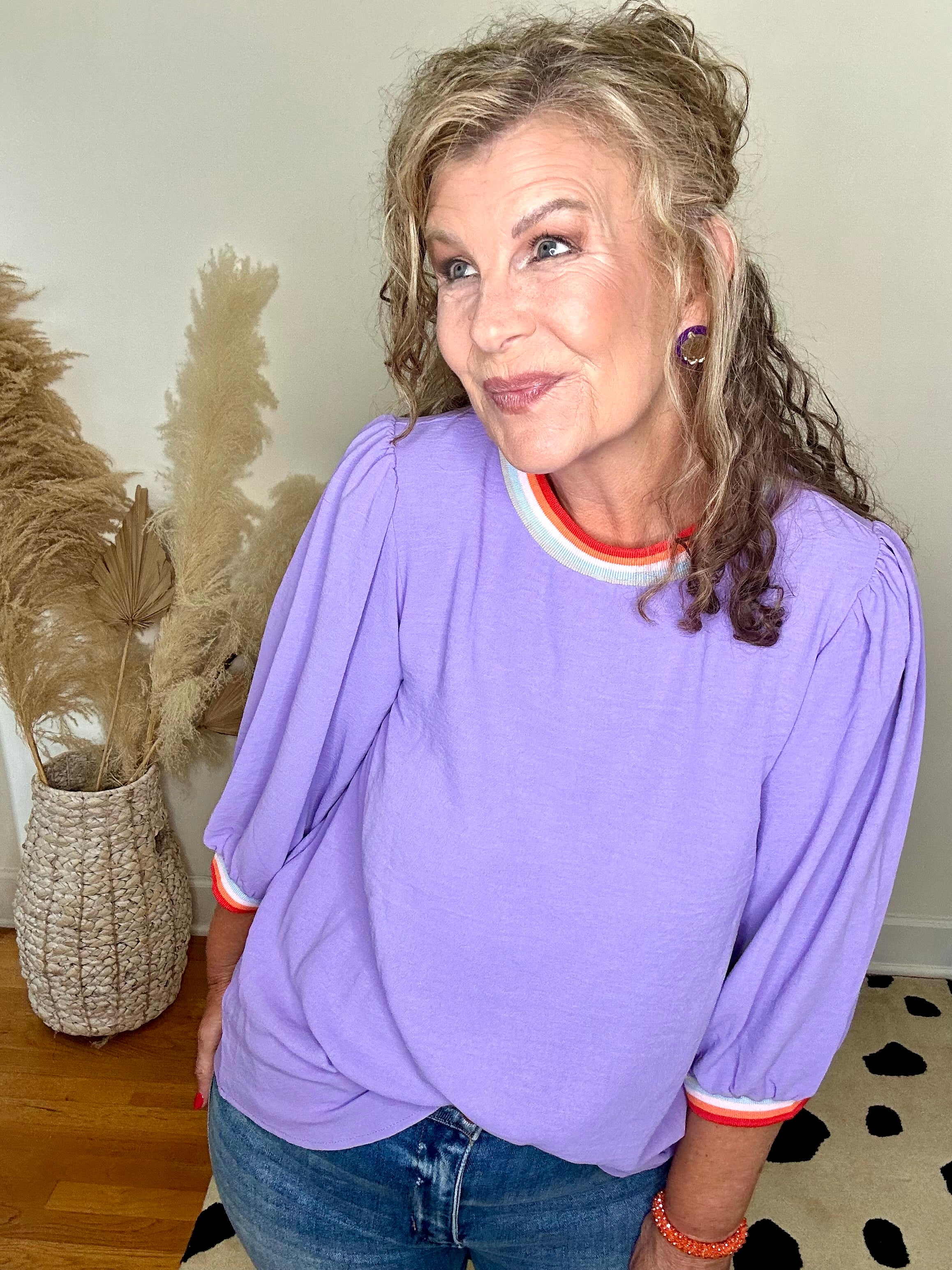 LILAC SOLID 3/4 LENGTH PEASANT SLEEVE TOP