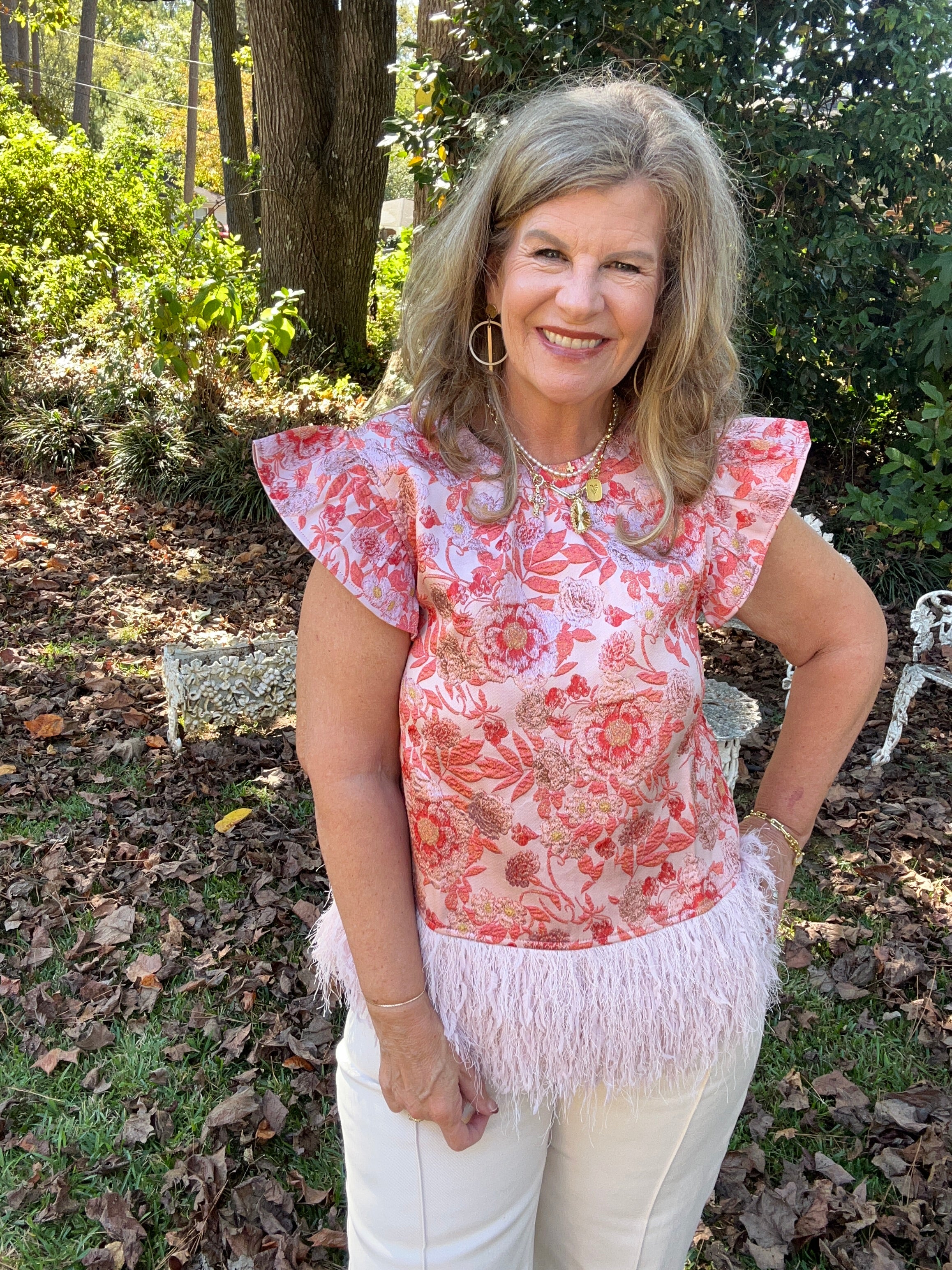 OSTRICH TRIM JACQUARD TOP