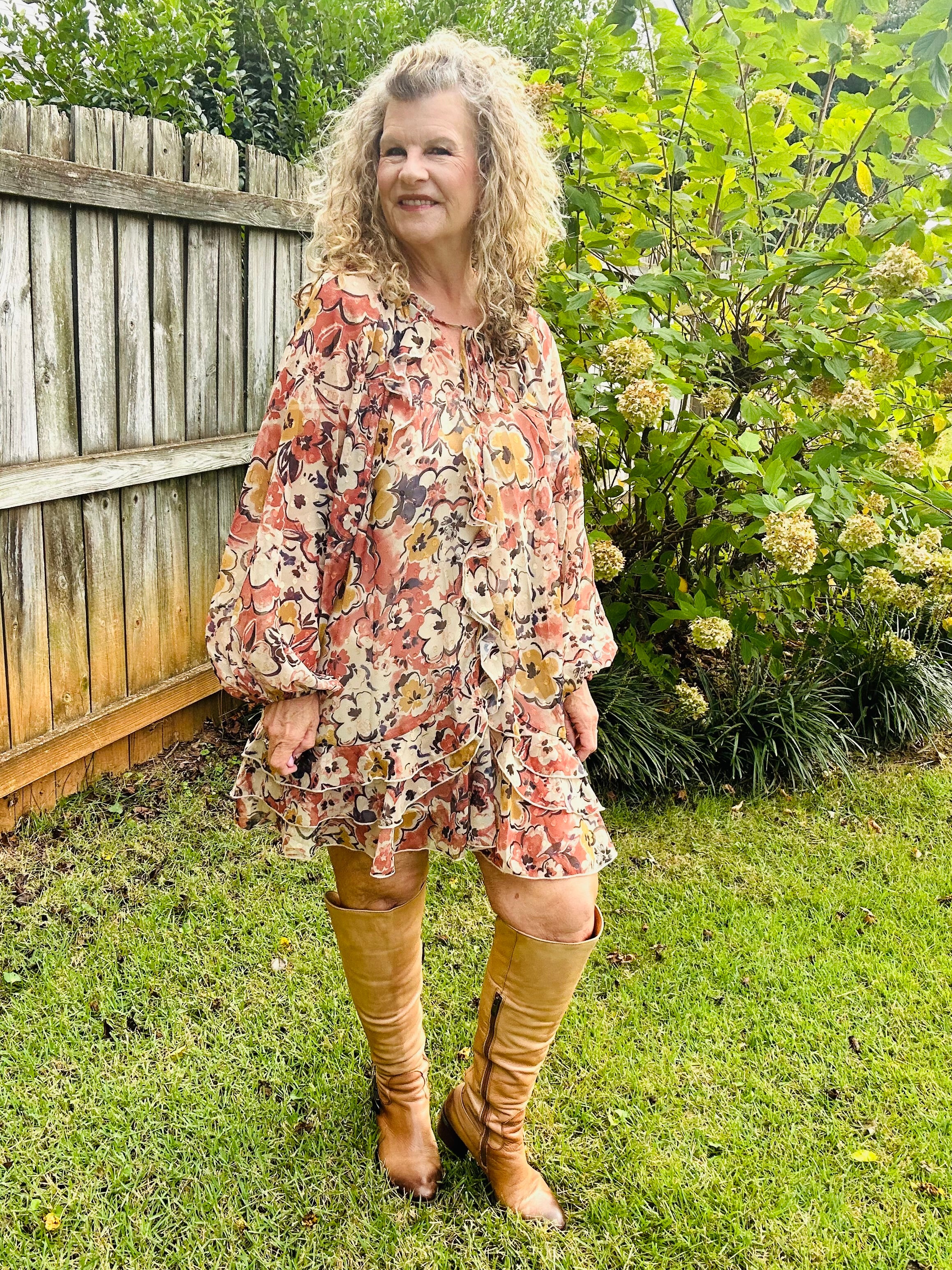 CASCADING FLORAL RUFFLE DRESS