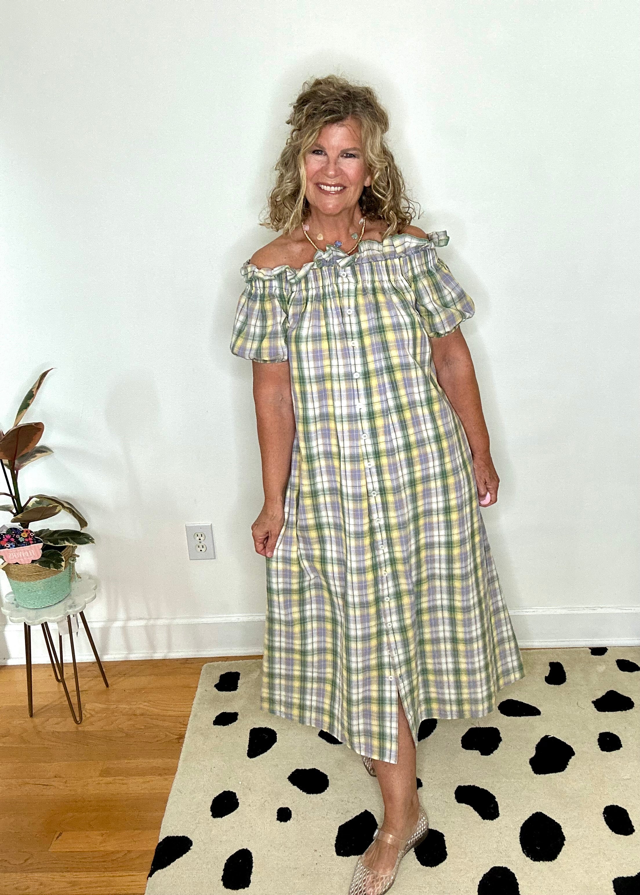 SAGE OFF THE SHOULDER PLAID MAXI DRESS