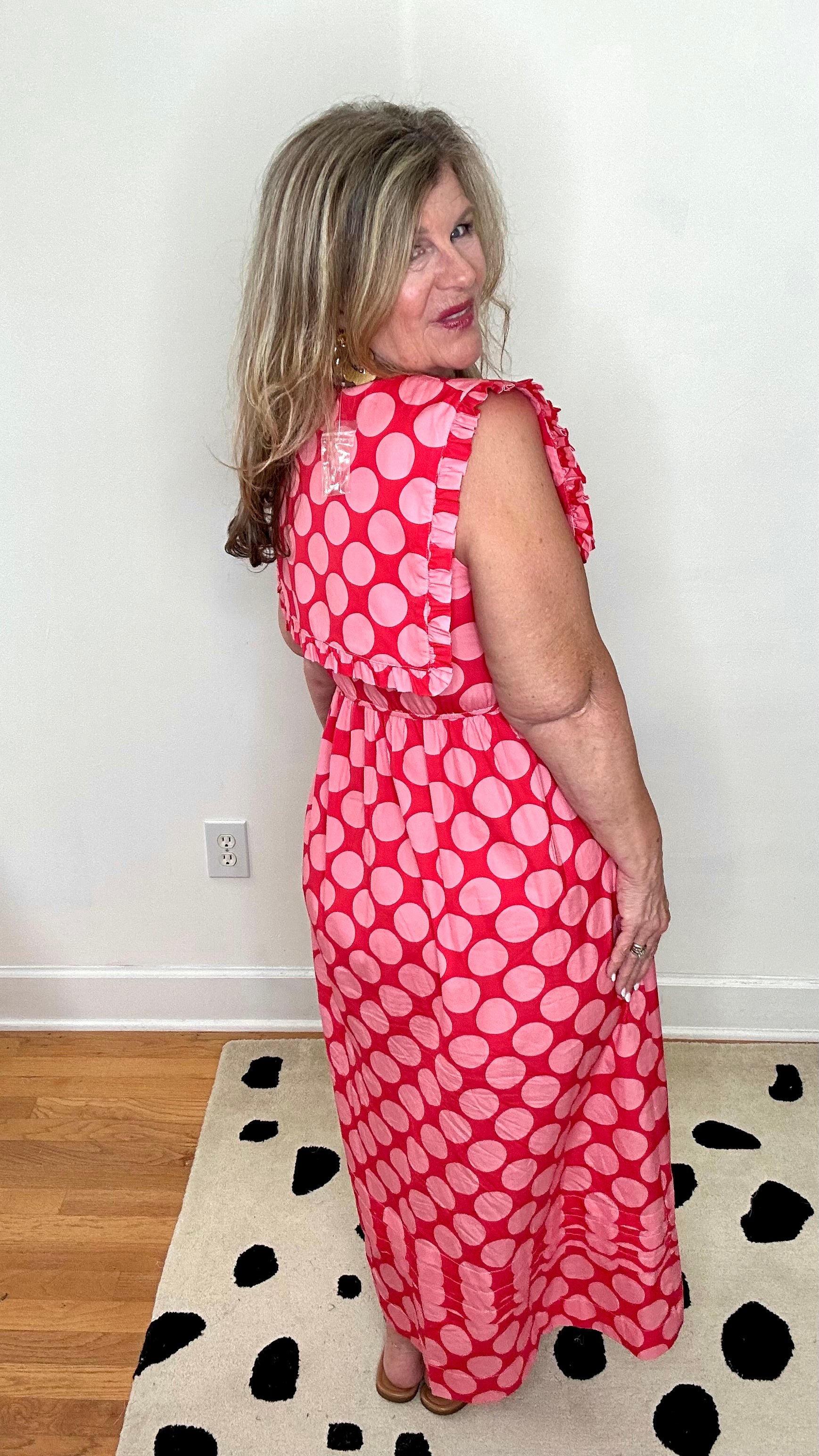 RED/PINK COTTON POPLIN DOT MAXI DRESS