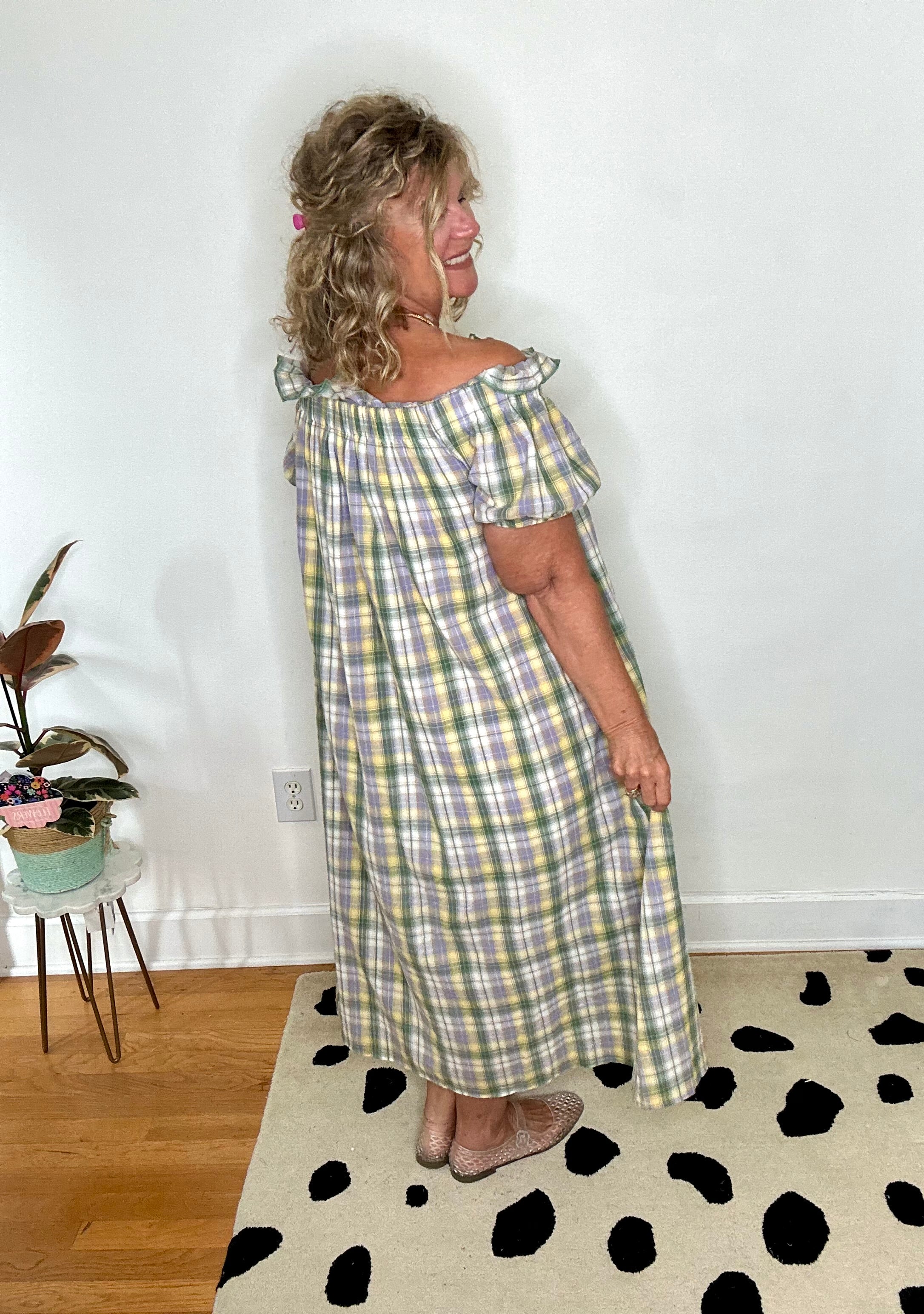 SAGE OFF THE SHOULDER PLAID MAXI DRESS