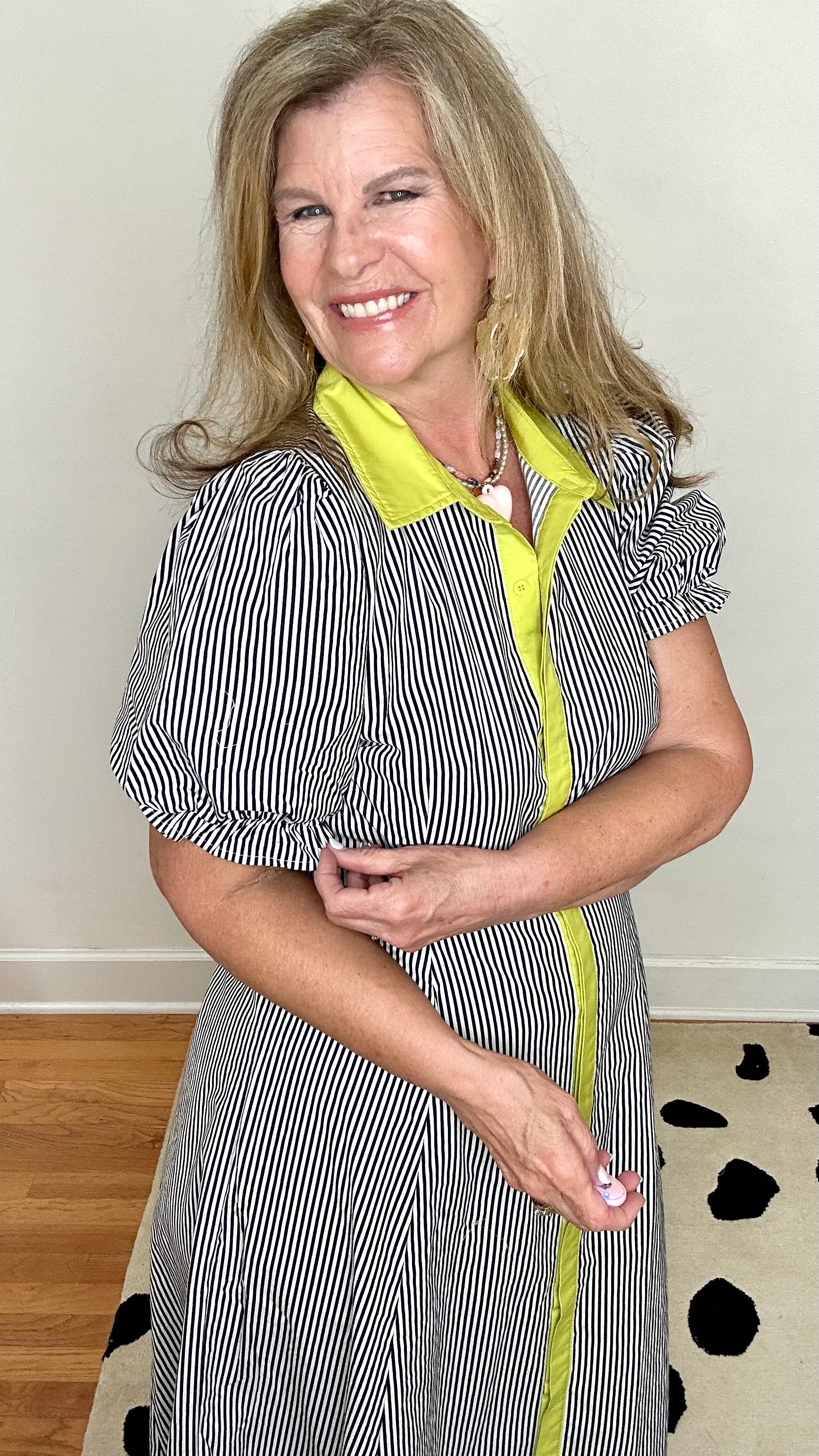 NAVY AND LIME STRIPE DRESS