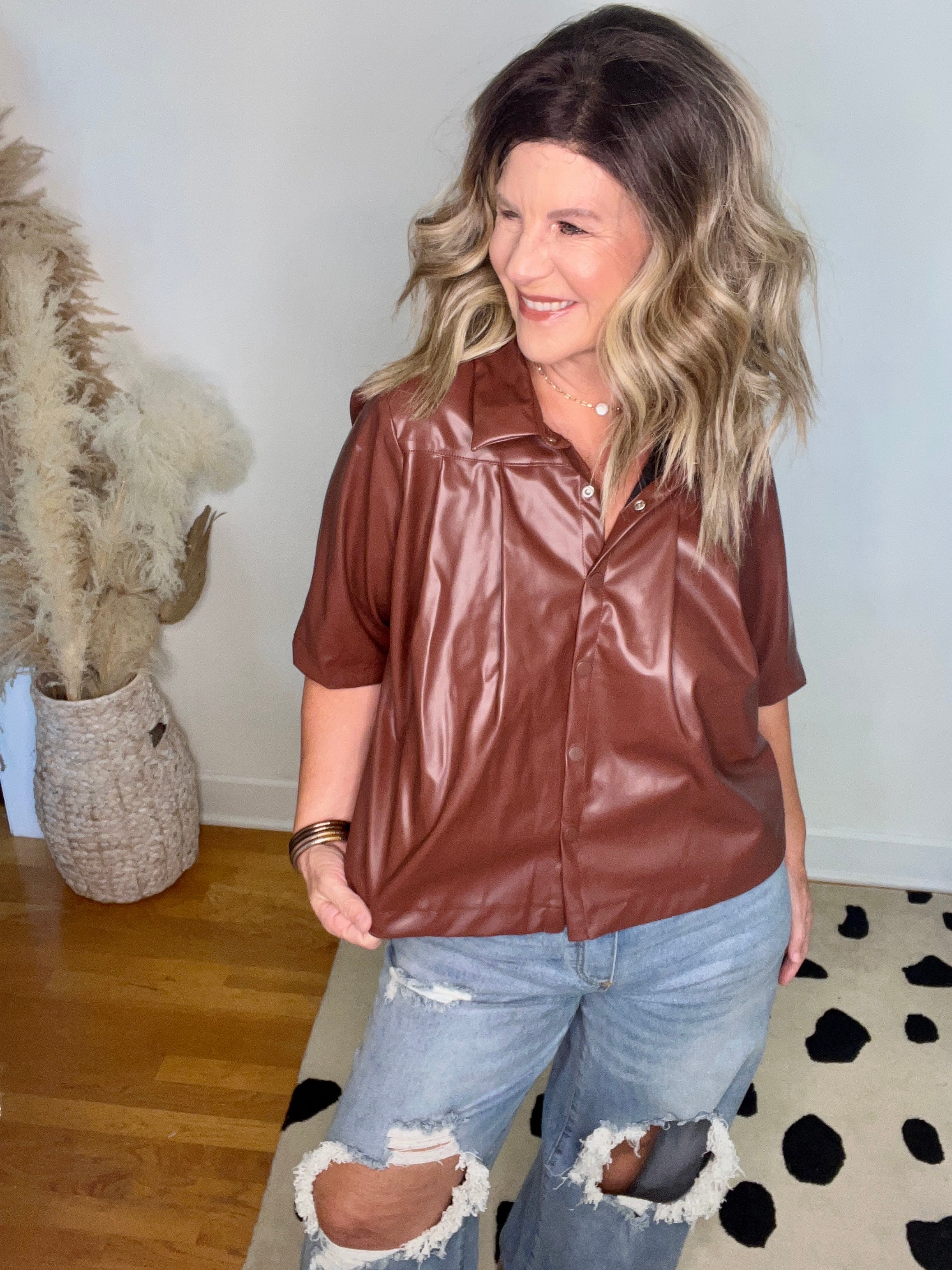 FAUX LEATHER COLLARED TOP