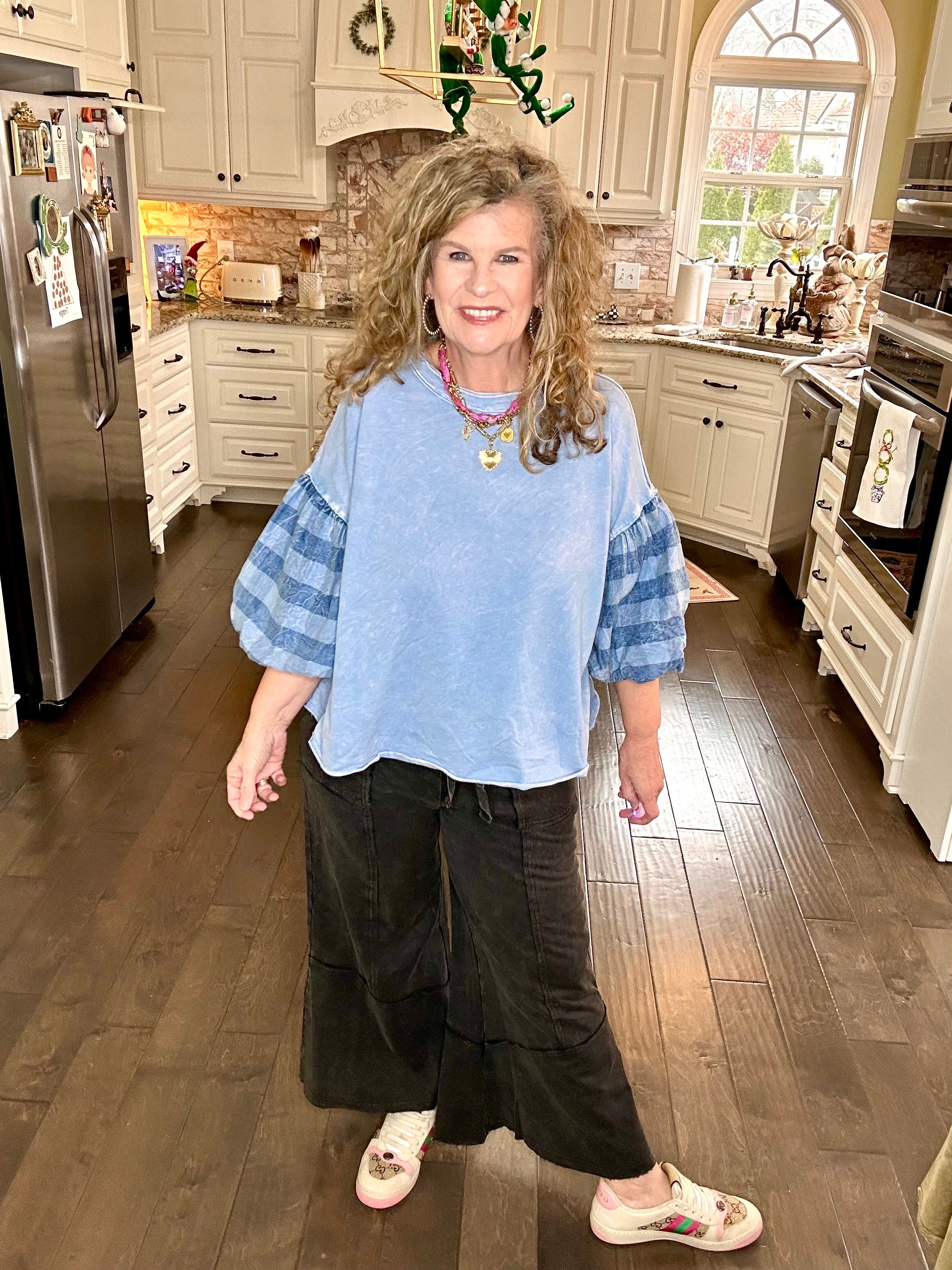 CHECKMATE MINERAL WASH GINGHAM PUFF SLEEVE TOP