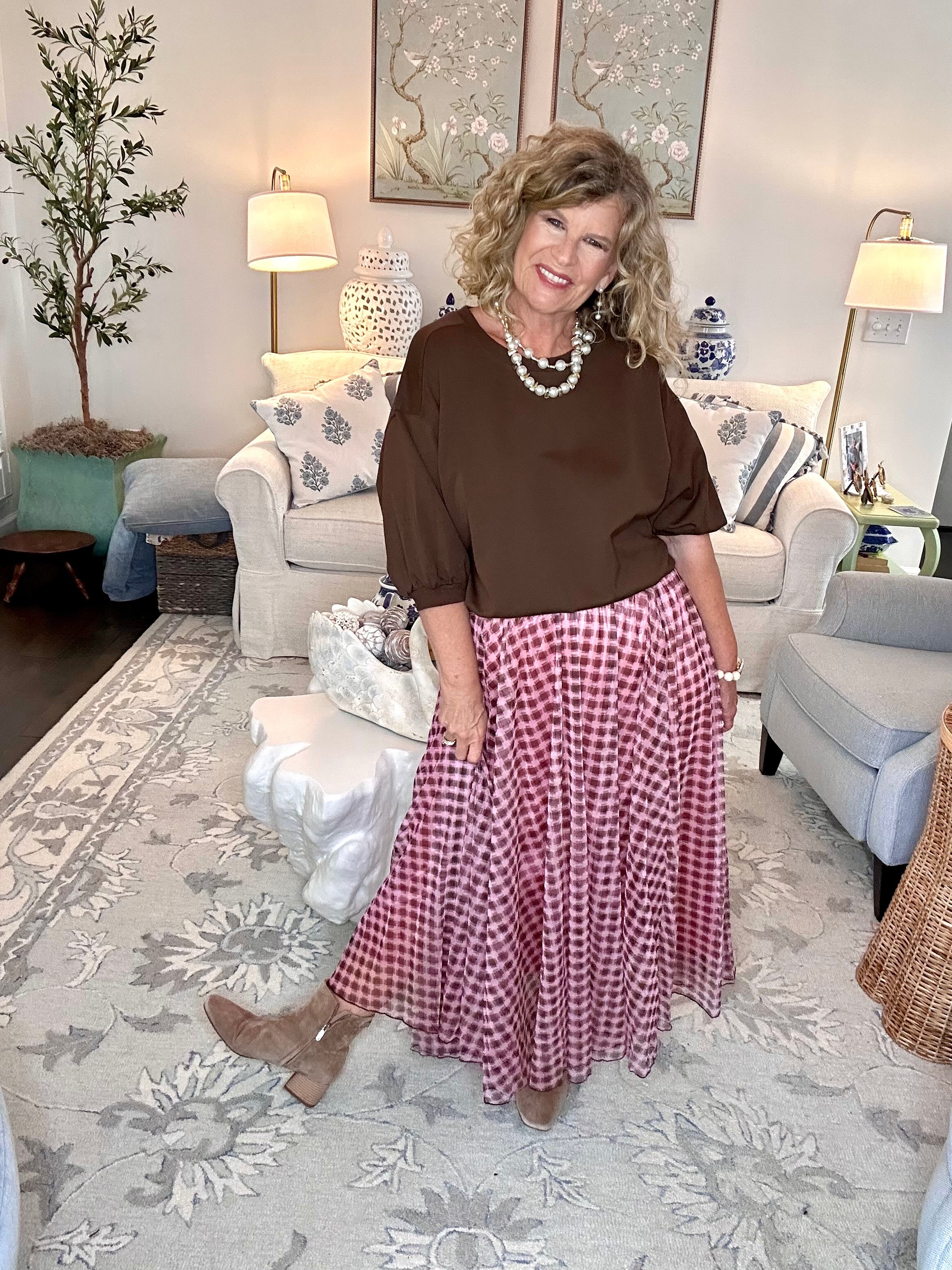 PINK AND BROWN MESH MIDI SKIRT