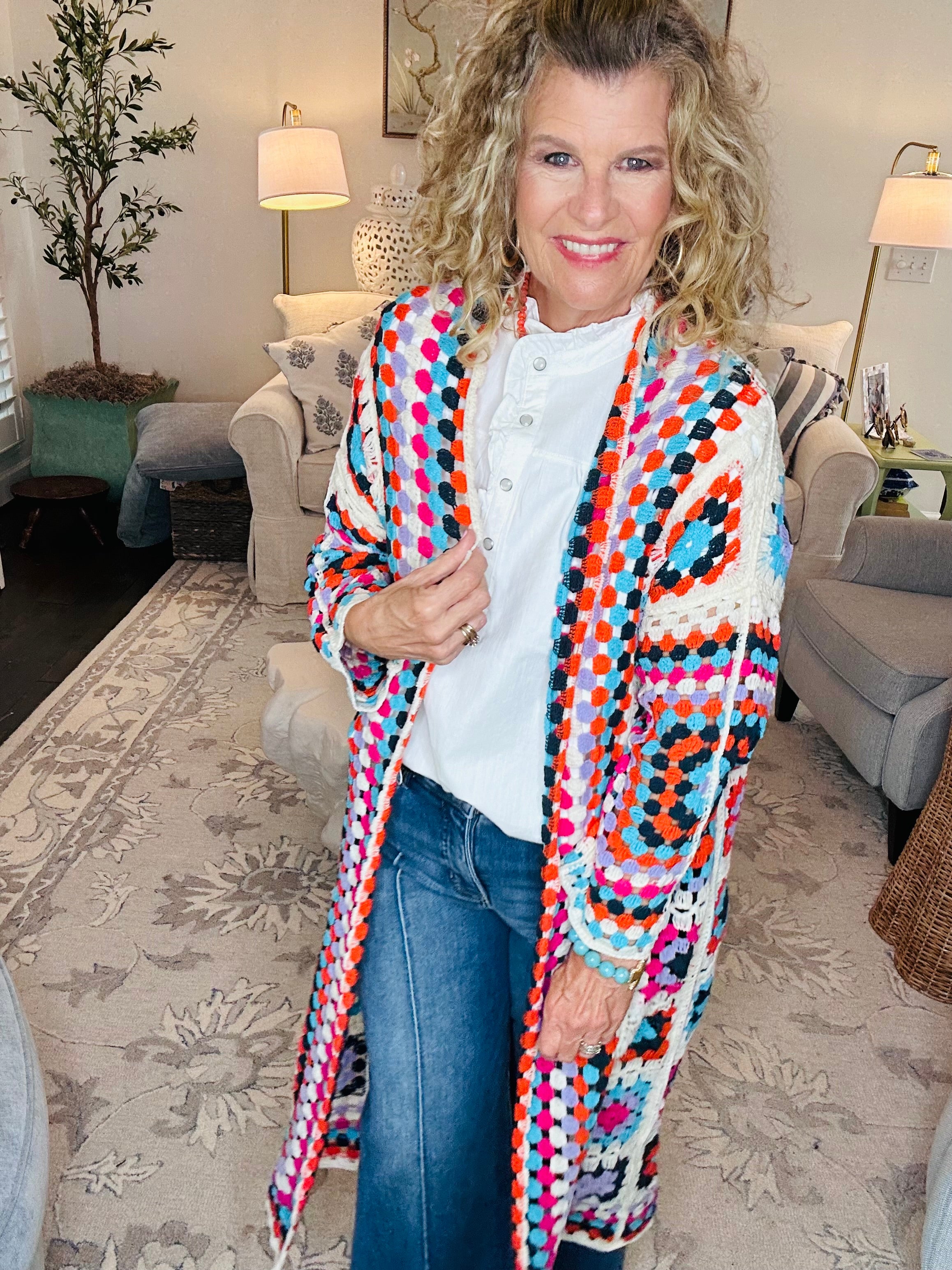 OPEN FRONT CROCHET PATTERNED DUSTER