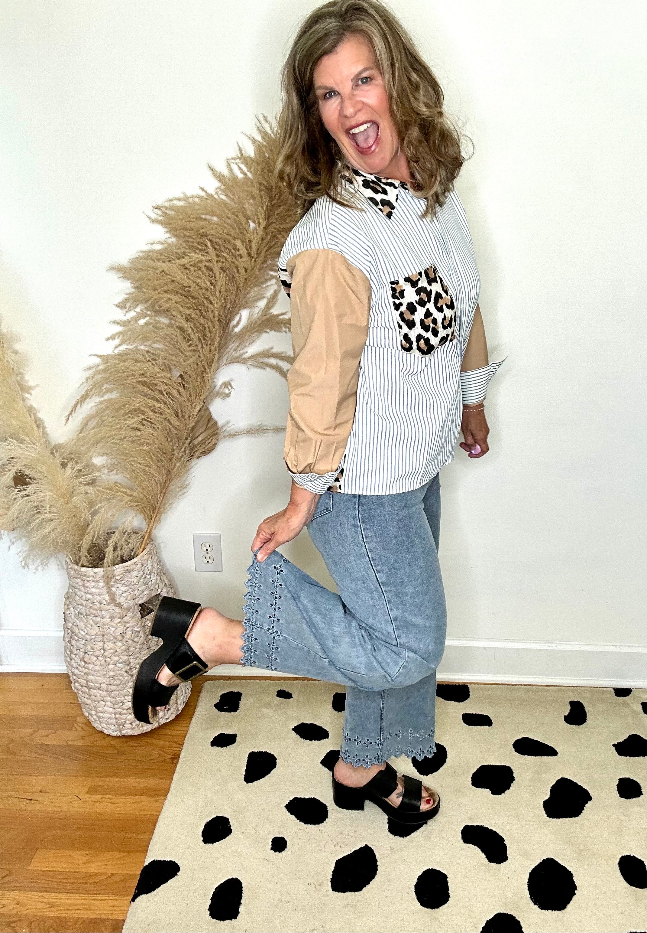 THE CAROLINA HIGH WAIST EYELET PANTS IN LIGHT WASH