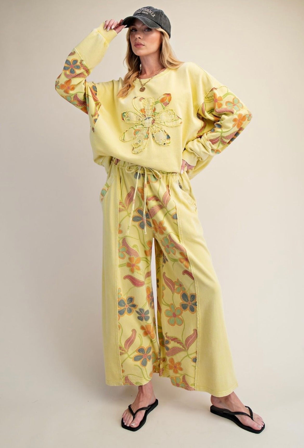 MIXED PRINT WASHED FLORAL TERRY PANTS