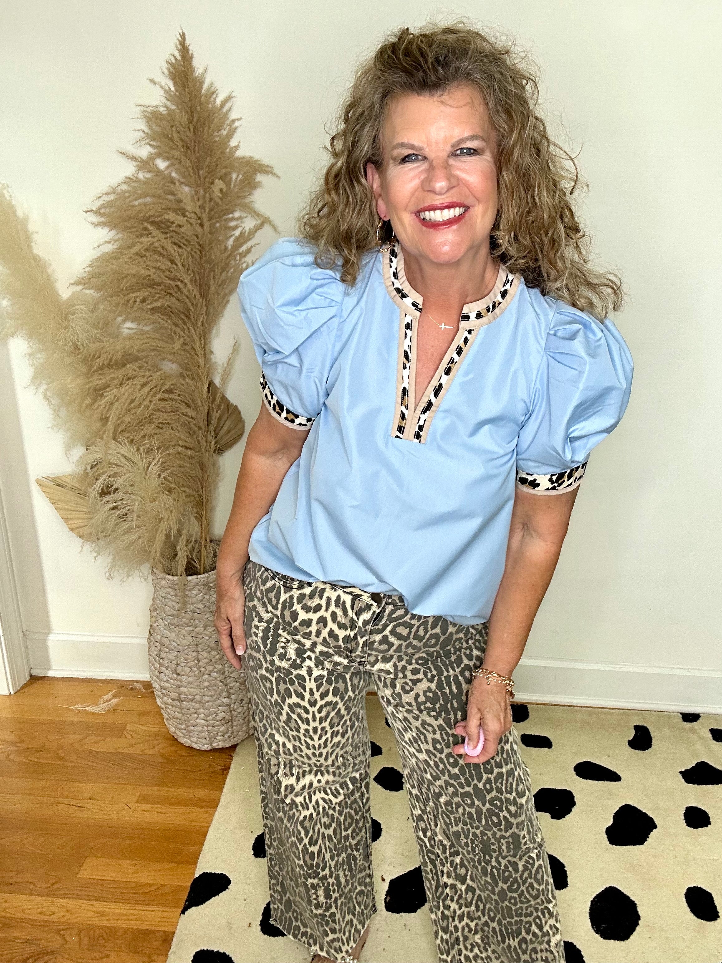 FIERCE IN BLUE LEOPARD TRIM TOP