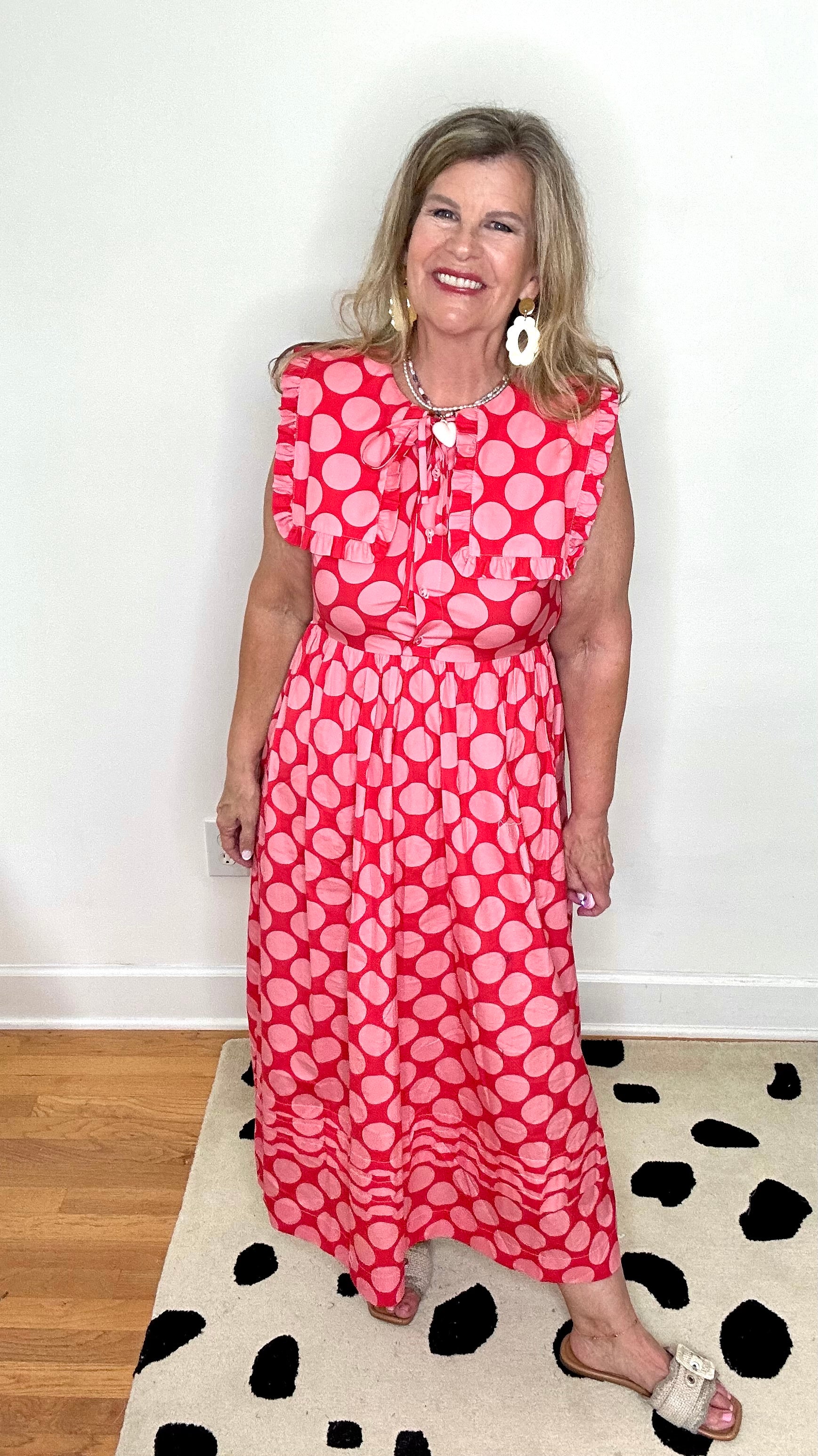 RED/PINK COTTON POPLIN DOT MAXI DRESS