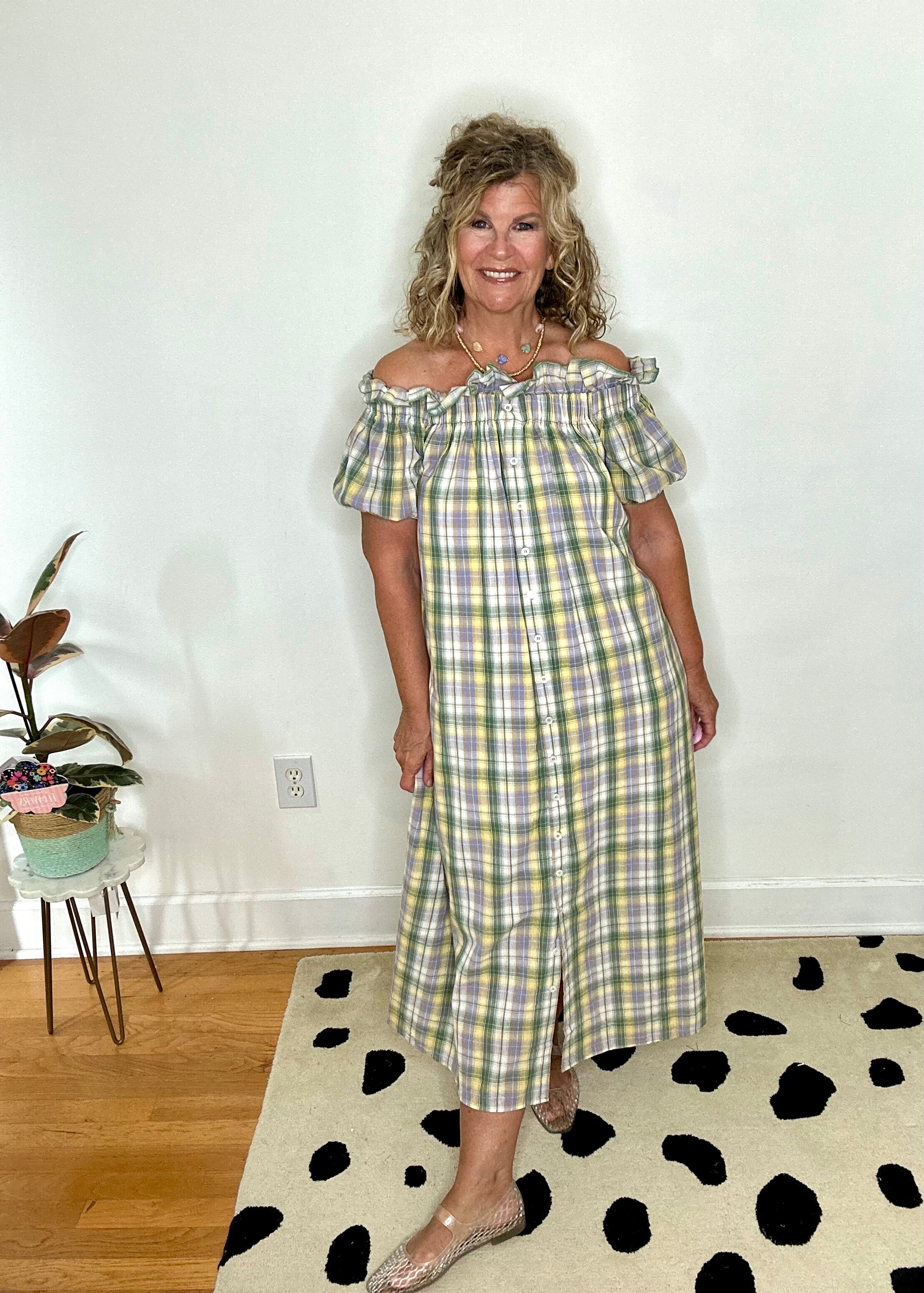 SAGE OFF THE SHOULDER PLAID MAXI DRESS