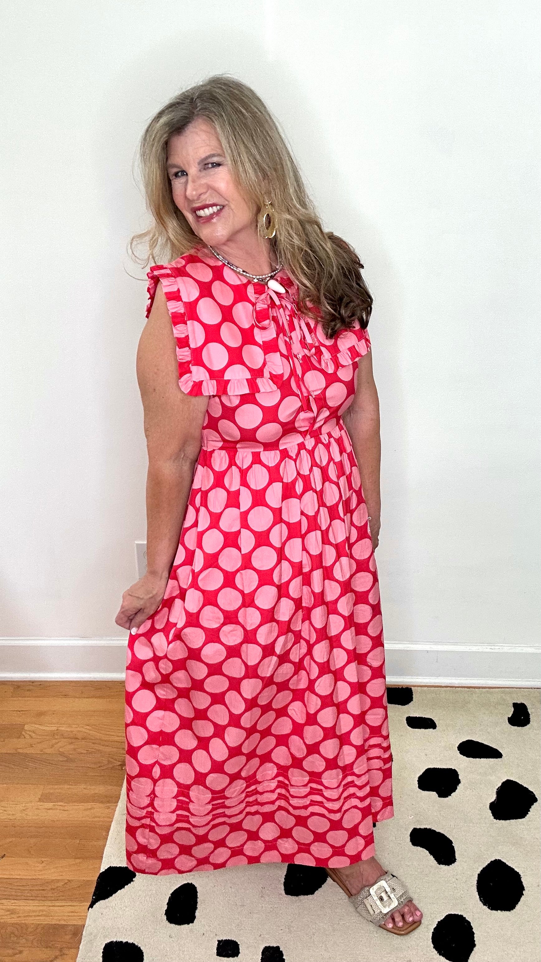 RED/PINK COTTON POPLIN DOT MAXI DRESS