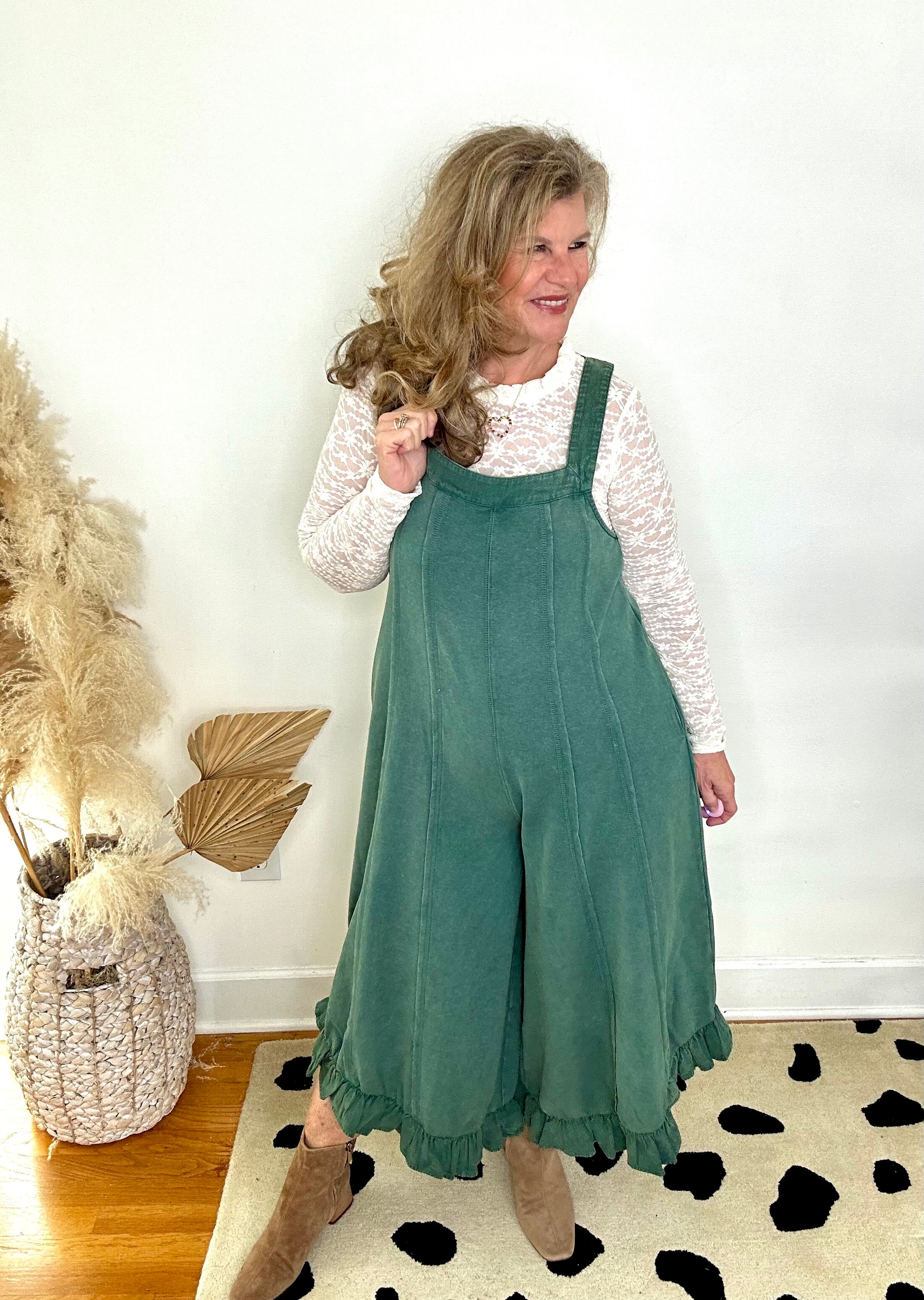 FOREST GREEN RUFFLE LEG JUMPSUIT