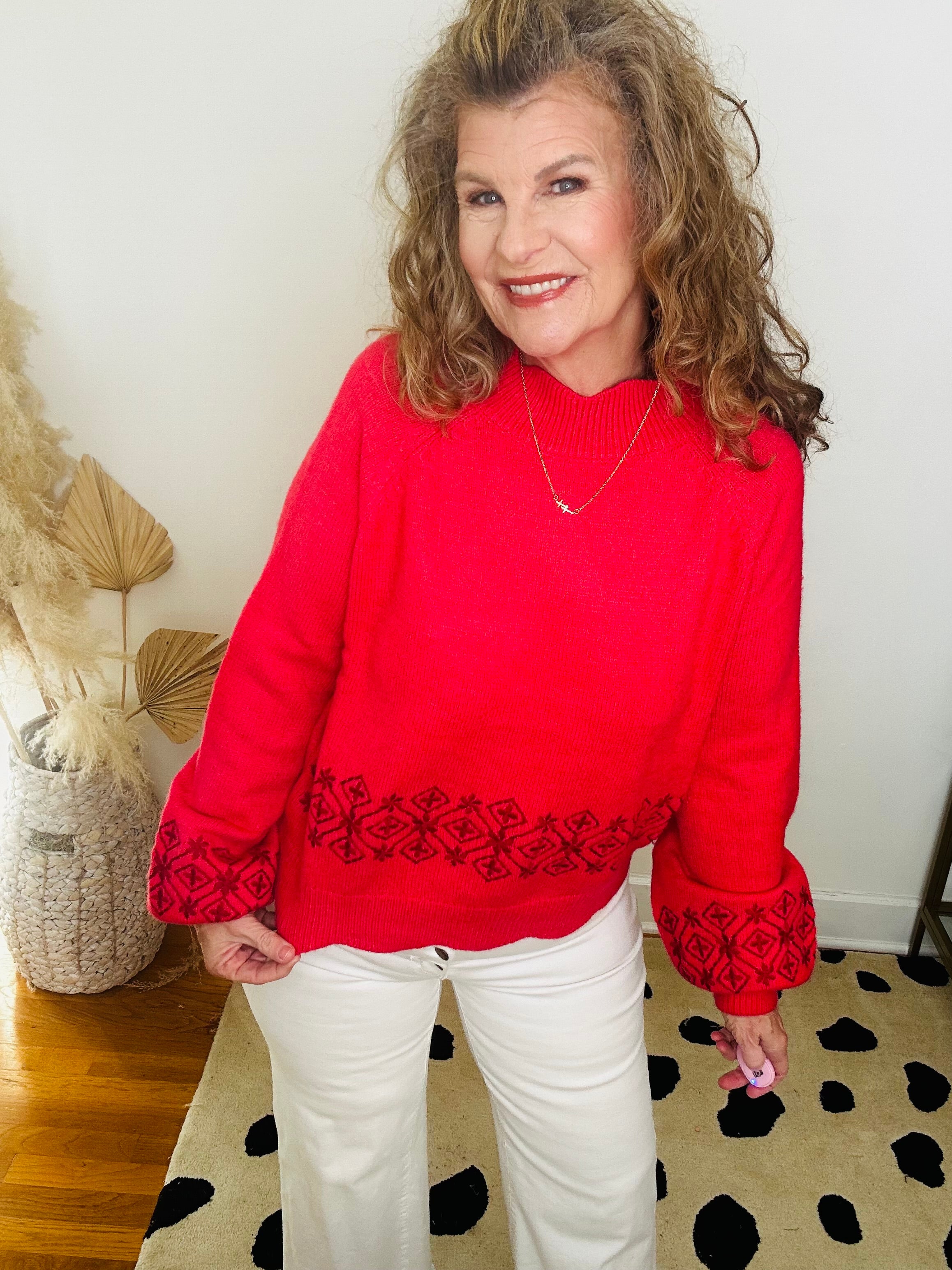 EMBROIDERED SCALLOPED RED SWEATER