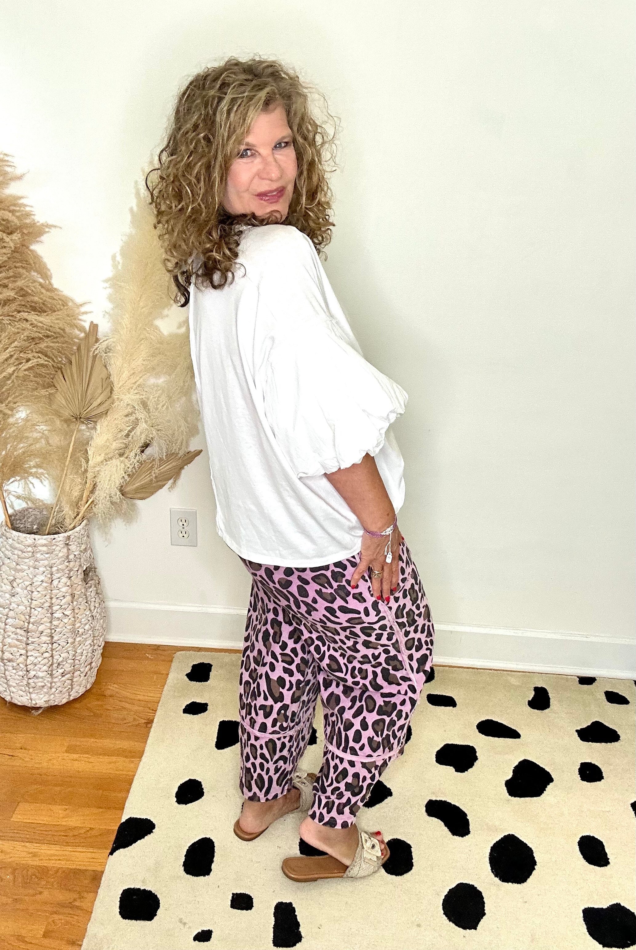DRIED ORCHID ANIMAL PRINT MINERAL WASHED TERRY KNIT PANT