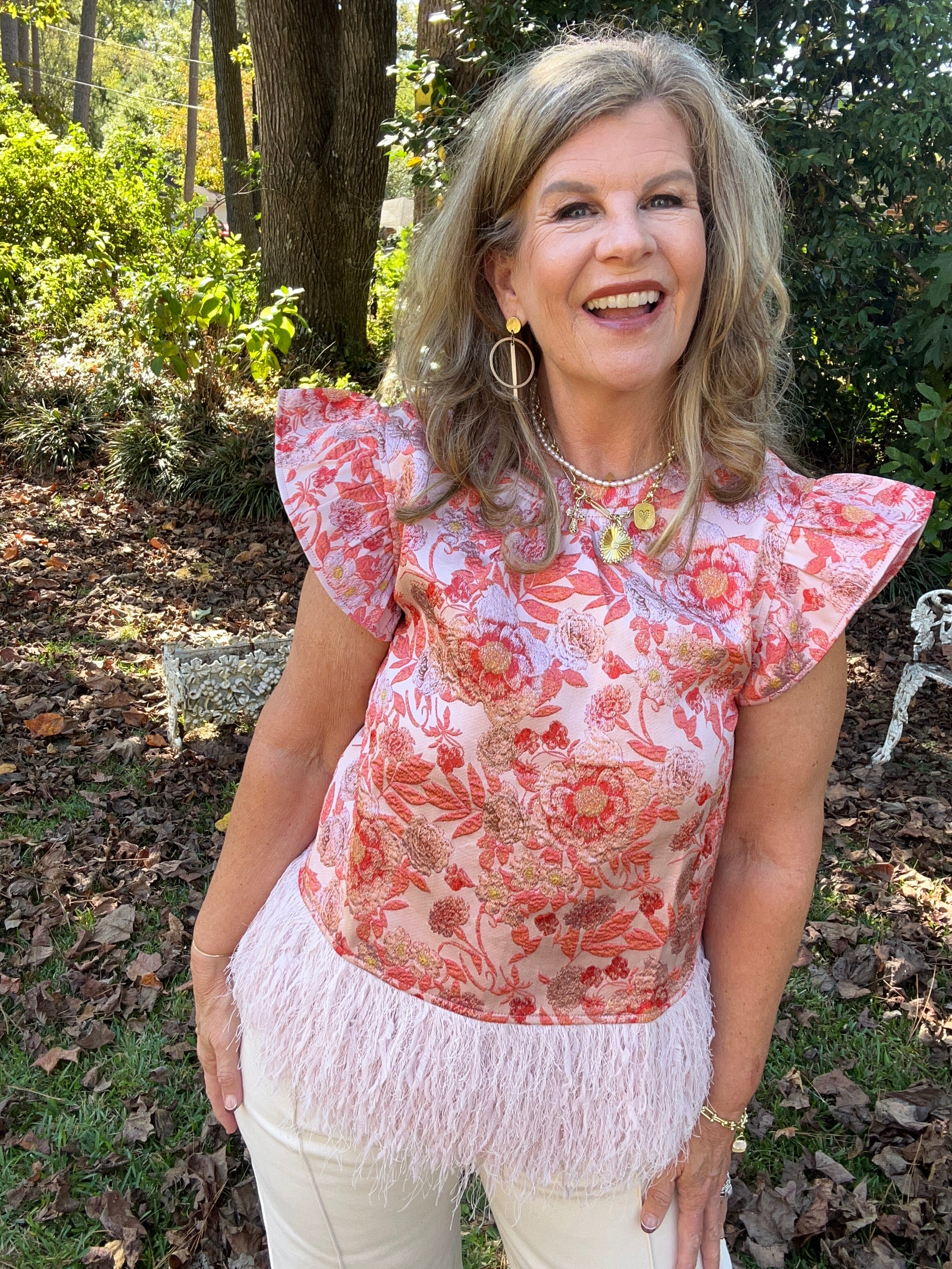 OSTRICH TRIM JACQUARD TOP