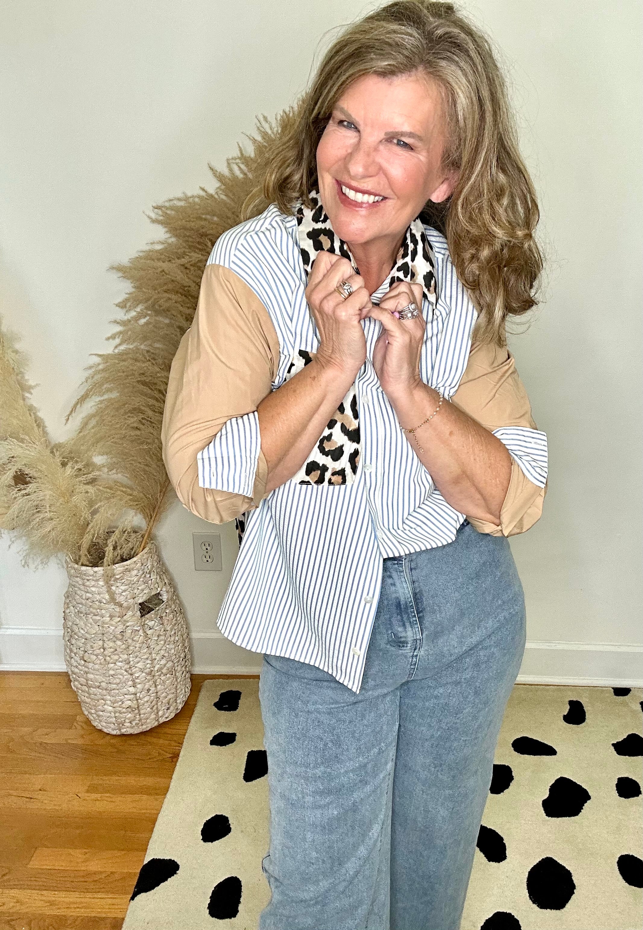 LIGHT BLUE AND LEOPARD PRINT BUTTON UP TOP