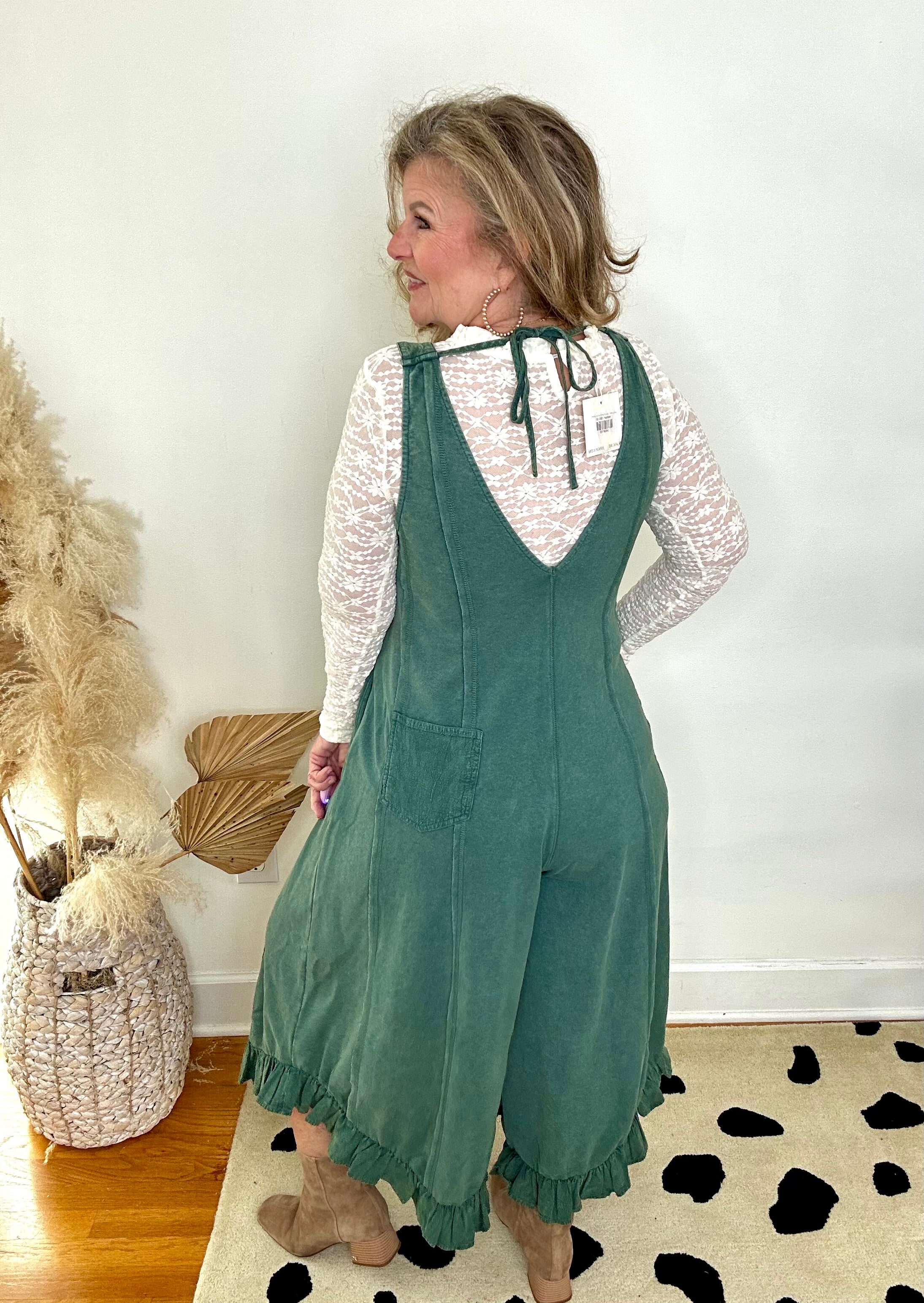 FOREST GREEN RUFFLE LEG JUMPSUIT