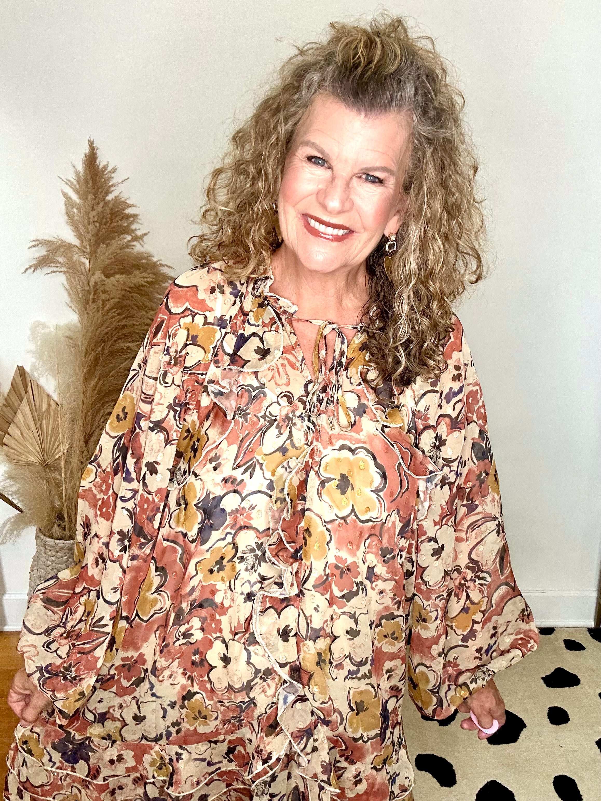CASCADING FLORAL RUFFLE DRESS