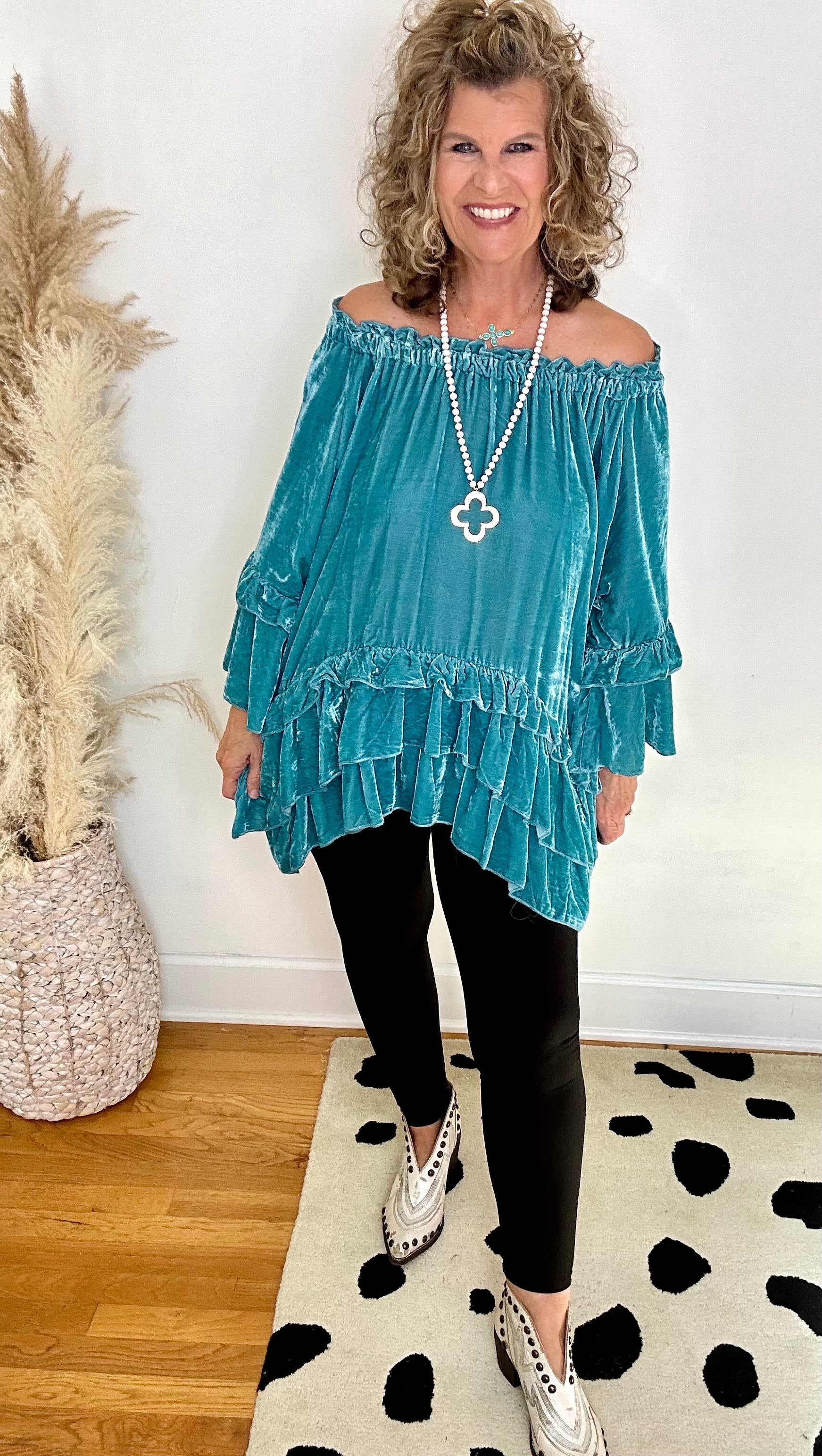 TURQUOISE VELVET RUFFLE TOP