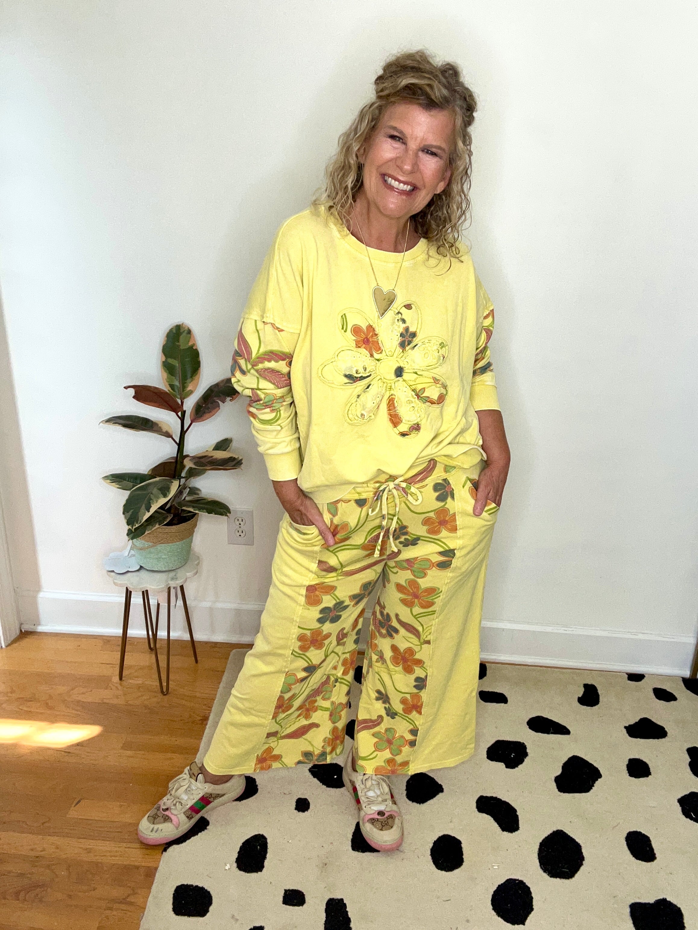 MIXED PRINT WASHED FLORAL TERRY PANTS