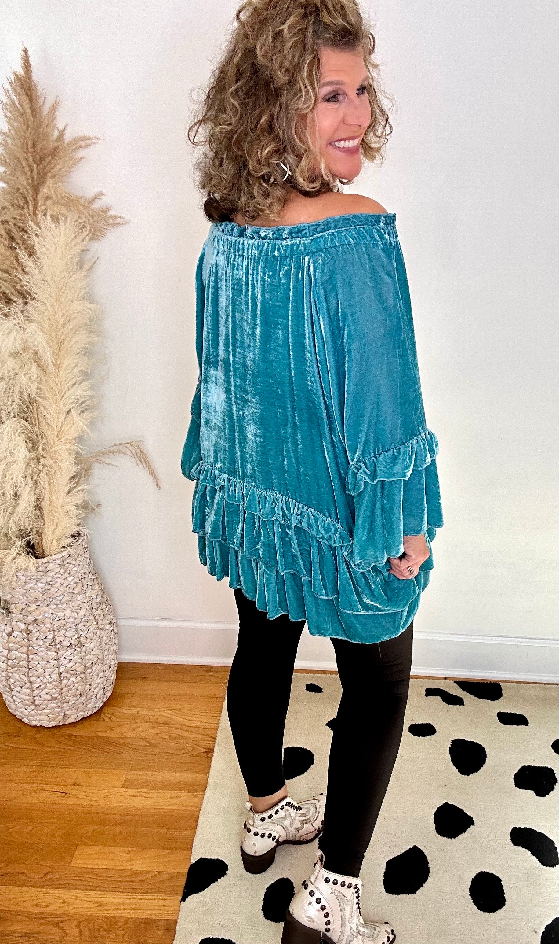 TURQUOISE VELVET RUFFLE TOP