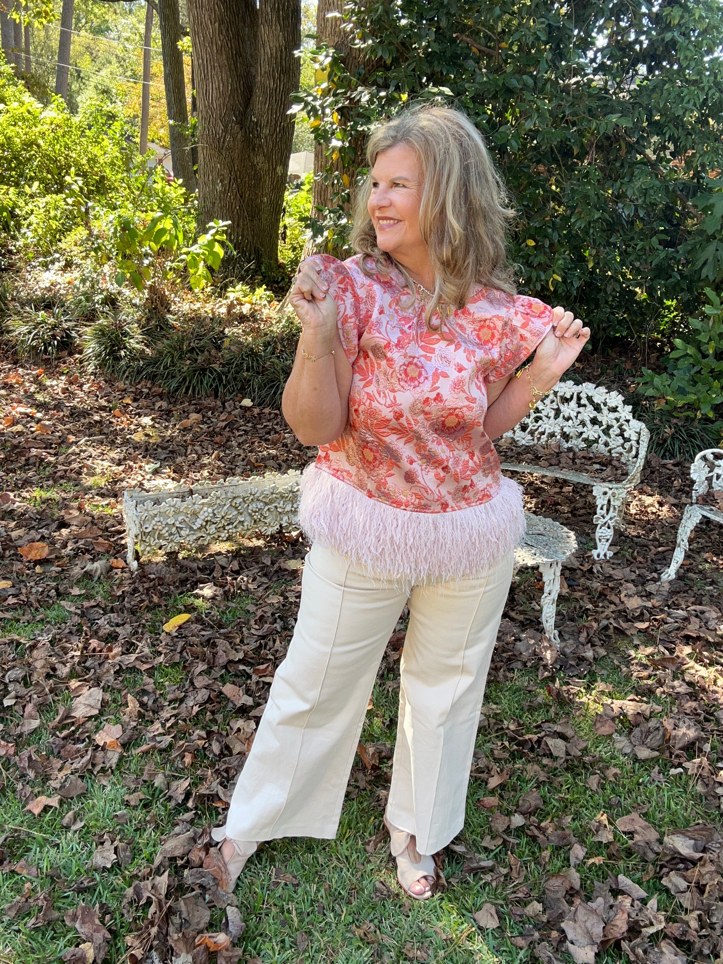 OSTRICH TRIM JACQUARD TOP