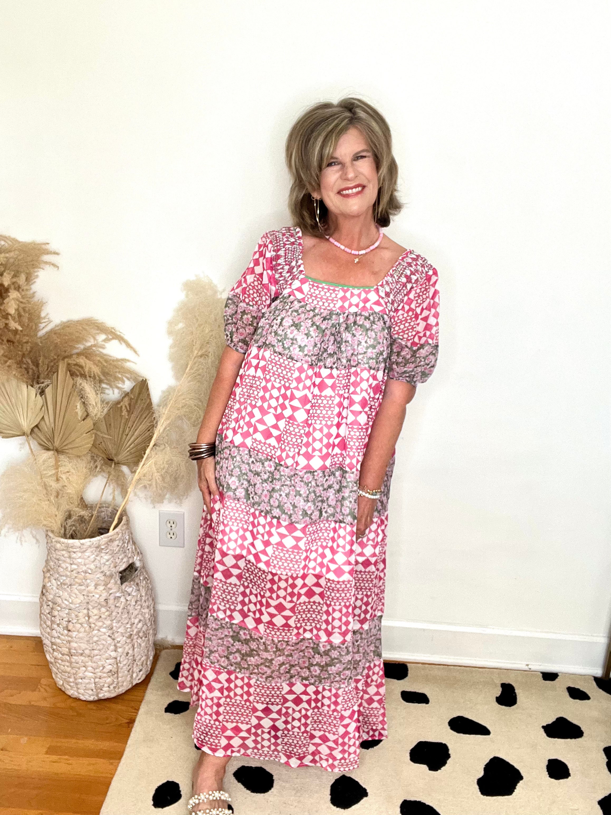 INDIAN PINK FLORAL AND GEOMETRIC MAXI DRESS