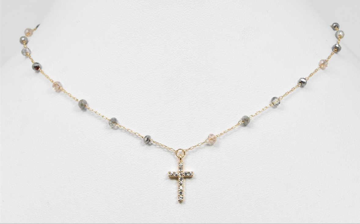 GREY AND NATURAL CRYSTAL RHINESTONE CROSS NECKLACE