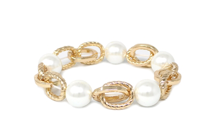 PEARL AND GOLD TEXTURED CHAIN LINK STRETCH  BRACELET