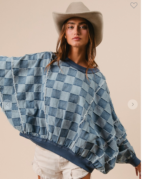 WASHED GINGHAM DENIM TOP