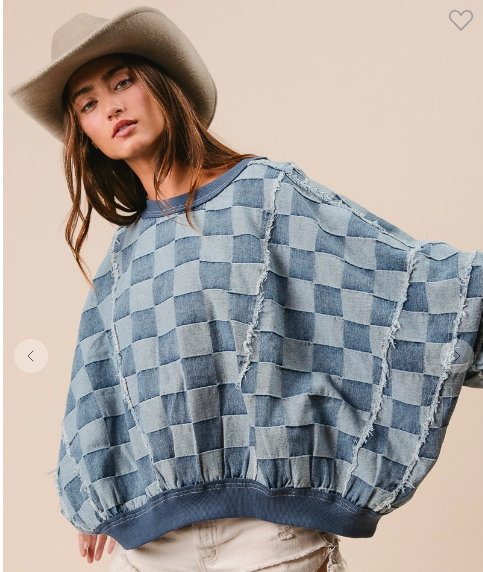 WASHED GINGHAM DENIM TOP