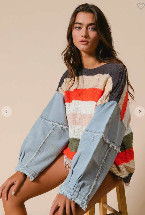 STRIPE DENIM MIXED SWEATER TOP