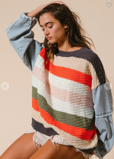 STRIPE DENIM MIXED SWEATER TOP