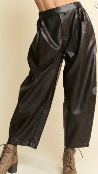 WASHED FAUX LEATHER ELASTIC WAIST PANTS