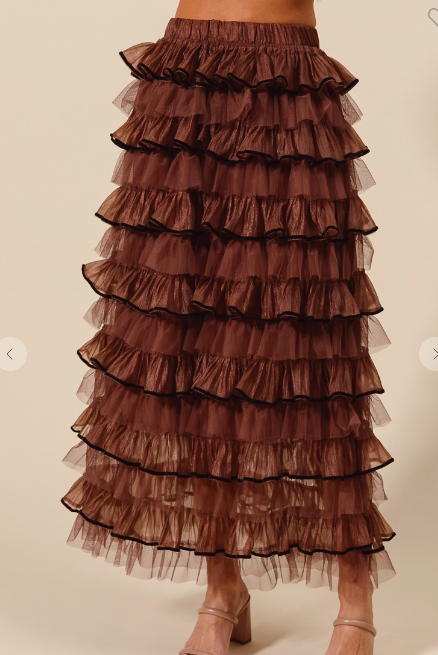 MOCHA LAYERED RUFFLED TULLE MAXI SKIRT