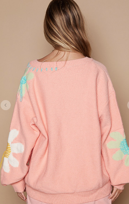 FLORAL PATTERN V NECK SWEATER