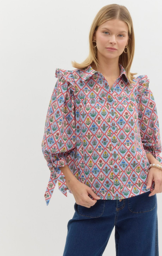 DIAMOND PATTERN FLORAL BLOUSE