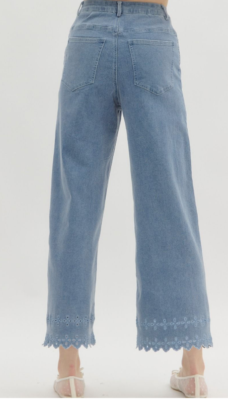 THE CAROLINA HIGH WAIST EYELET PANTS IN LIGHT WASH