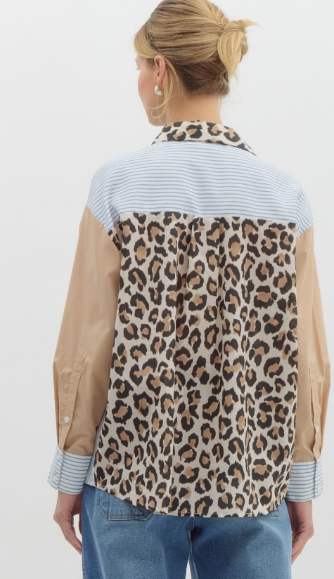 LIGHT BLUE AND LEOPARD PRINT BUTTON UP TOP