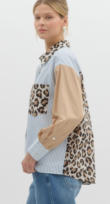 LIGHT BLUE AND LEOPARD PRINT BUTTON UP TOP