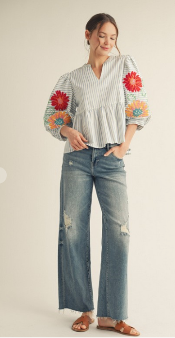 EMBROIDERED BLUE STRIPE BLOUSE
