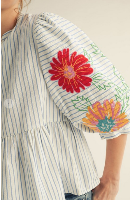 EMBROIDERED BLUE STRIPE BLOUSE